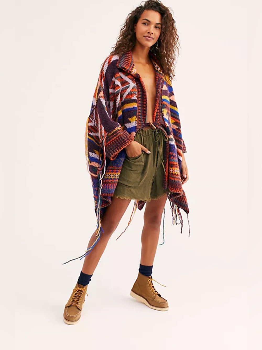 Free People XS/S Kaleidoscope Knit Hoodie Jacket Sweater Poncho Dolman Fringe